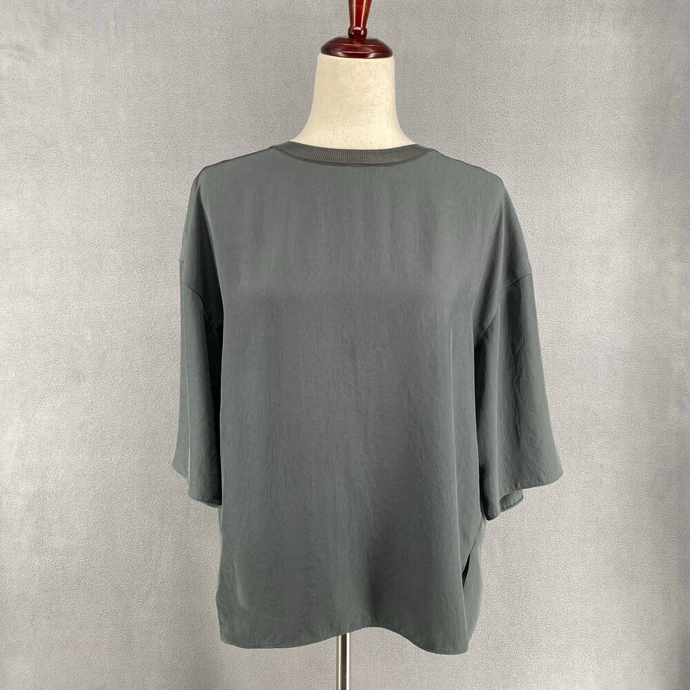 Vince Rib Trim Woven Top Womens S Oversized Boxy Lagenlook Chic Minimalist Grey